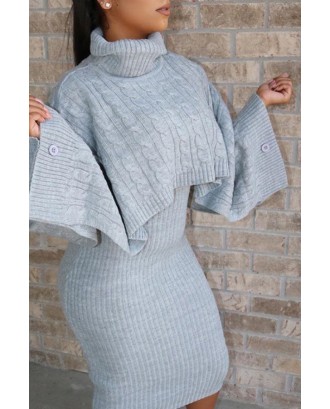 Lovely Casual Turtleneck Grey Two-piece Skirt Set