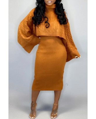 Lovely Casual Turtleneck Yellow Two-piece Skirt Set