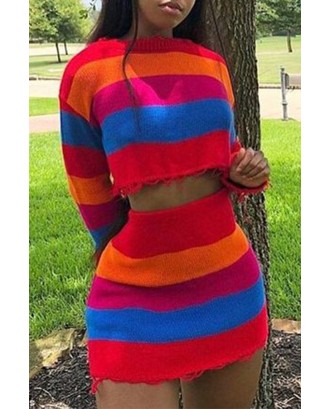 Lovely Casual Striped Multicolor Two-piece Skirt Set