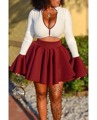 Lovely Casual Zipper Design Wine Red Two-piece Skirt Set