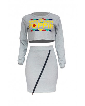 Lovely Euramerican  Long Sleeves Letters Printed Grey  Two-piece Skirt Set