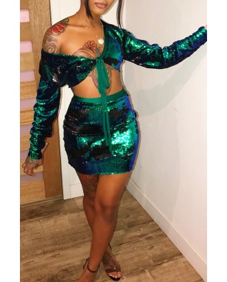 Lovely Sexy V Neck Sequined Green Two-piece Skirt Set
