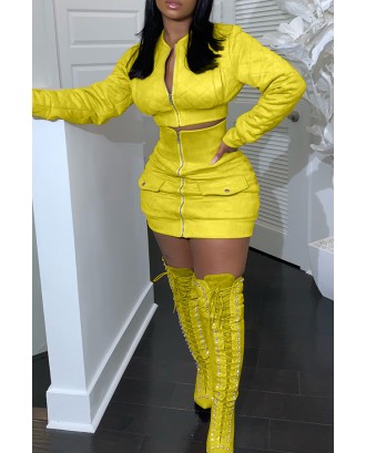 Lovely Casual Zipper Design Yellow Two-piece Skirt Set
