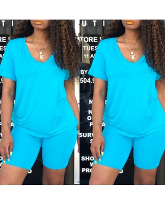 Lovely Casual V Neck Blue Two-piece Shorts Set