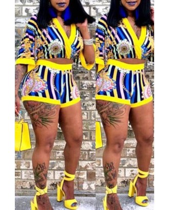 Lovely Casual V Neck Printed Yellow Two-piece Shorts Set