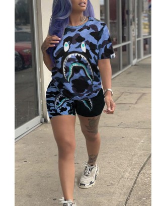 Lovely Casual Camouflage Printed Blue Two-piece Shorts Set
