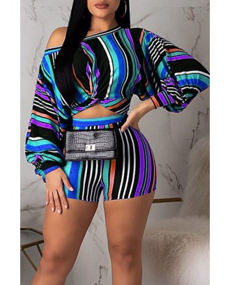 Lovely Trendy Striped Blue Two-piece Shorts Set