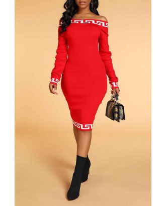 Lovely Casual Dew Shoulder Print Red Knee Length Dress