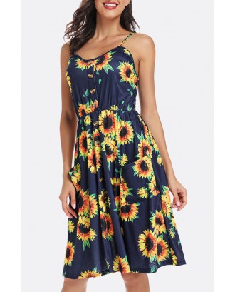 Lovely Casual Spaghetti Straps Sunflower Printed Deep Blue Knee Length A Line Dress