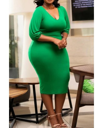 Lovely Casual V Neck Skinny Green Mid Calf Plus Size Dress