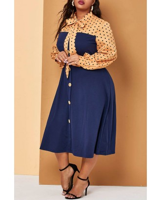 Lovely Casual Patchwork Printed Deep Blue Mid Calf Plus Size Dress