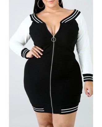 Lovely Casual Zipper Design Black Plus Size Mini Dress