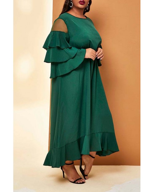 Lovely Casual Flounce Patchwork Green Ankle Length Plus Size Dress