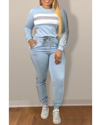 Lovely Leisure Patchwork Baby Blue Two-piece Pants Set