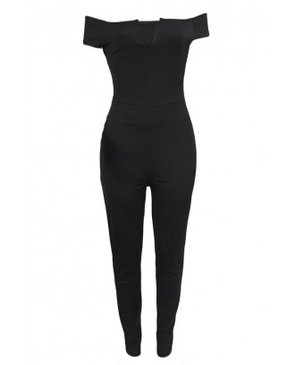 Lovely Euramerican Dew Shoulder Skinny Black One-piece Jumpsuit