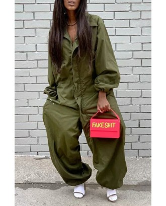Lovely Casual Turndown Collar Buttons Decorative Army Green One-piece Jumpsuit
