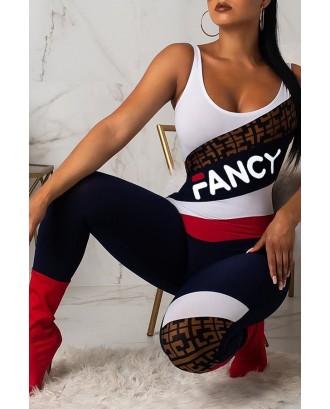 Lovely Casual U Neck Letter Printed Patchwork Red One-piece Jumpsuit