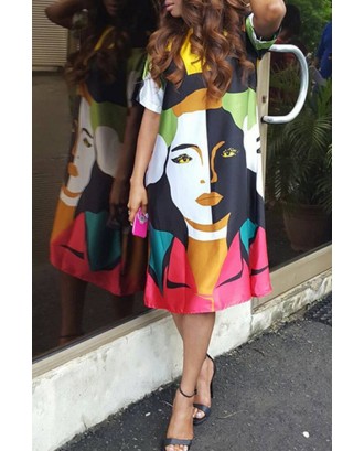 Lovely Casual O Neck Printed Multicolor Knee Length Dress