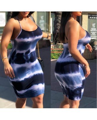 Lovely Casual Spaghetti Straps Printed Blue Knee Length Dress
