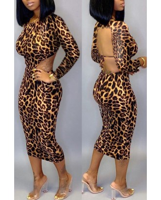 Lovely Casual Backless Leopard Printed Mid Calf Dress