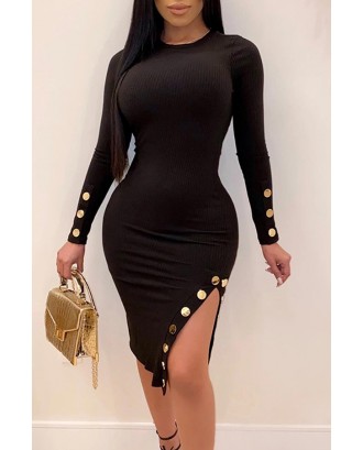 Lovely Casual Buttons Design Black Knee Length Dress