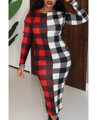 Lovely Casual Plaid Red Mid Calf Dress