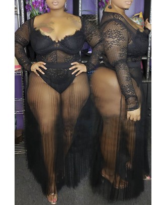Lovely Sexy See-through Black Plus Size Two-piece Skirt Set