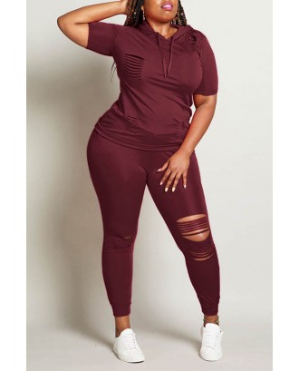 Lovely Casual Hollow-out Wine Red  Plus Size Two-piece Pants Set
