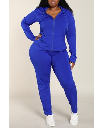 Lovely Casual Zipper Design Basic Blue Plus Size Two-piece Pants Set