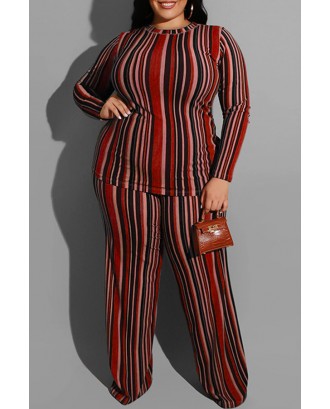Lovely Casual Striped Wine Red Plus Size Two-piece Pants Set