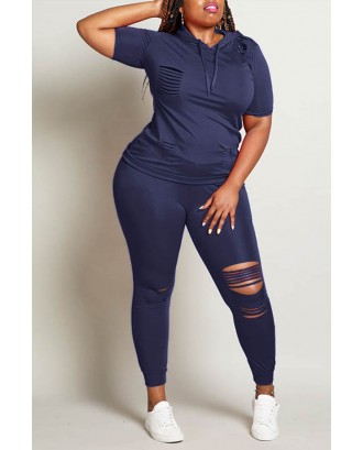 Lovely Casual Hollow-out Deep Blue Plus Size Two-piece Pants Set