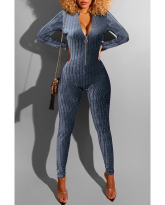 Lovely Casual Zipper Striped Blue One-piece Jumpsuit