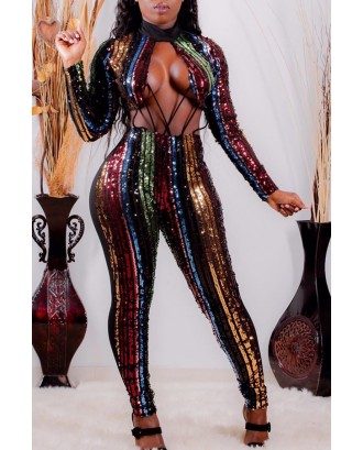 Lovely Sexy Striped Hollow-out Multicolor One-piece Jumpsuit