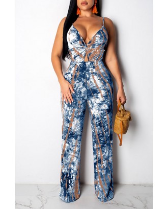 Lovely Sexy Spaghetti Straps Printed Blue One-piece Jumpsuit