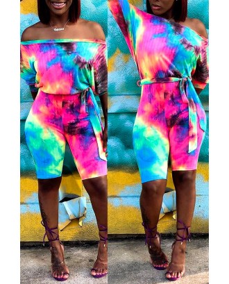 Lovely Casual Off The Shoulder Tie-dye Printed Multicolor One-piece Romper