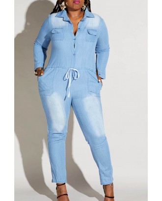 Lovely Casual Turndown Collar Blue Plus Size One-piece Jumpsuit