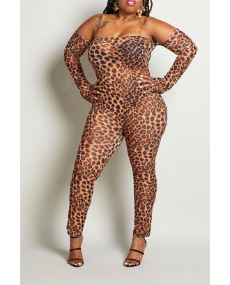 Lovely Sexy See-through Leopard Printed Plus Size One-piece Jumpsuit