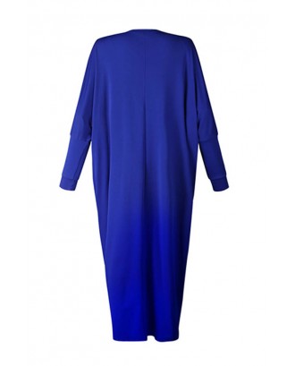 Lovely Casual O Neck Embroidered Design Blue Ankle Length Plus Size Dress