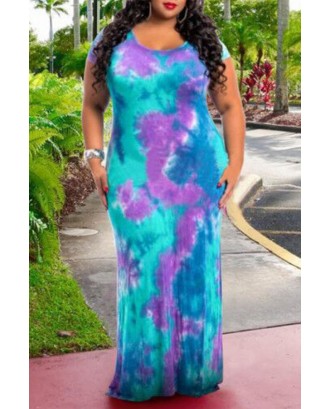 Lovely Bohemian O Neck Tie-dye Printed Purple Floor Length Plus Size Dress