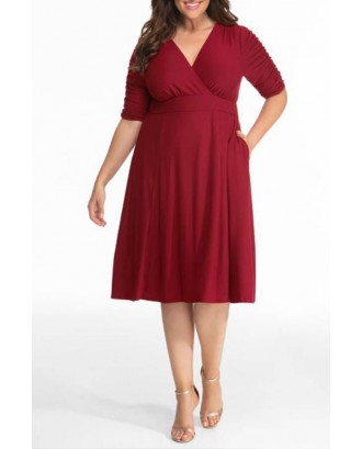 Lovely Casual V Neck Loose Wine Red  Knee Length Plus Size Dress