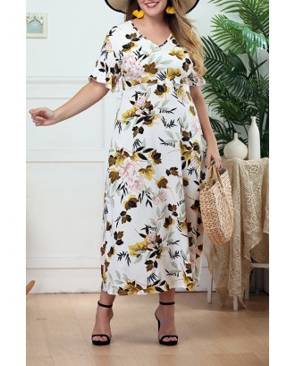 Lovely Bohemian V Neck Printed White Mid Calf A Line Plus Size Dress