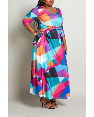 Lovely Casual Color-lump Patchwork Multicolor Floor Length Plus Size Dress