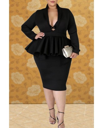 Lovely Casual V Neck Flounce Design Black Knee Length Plus Size Dress