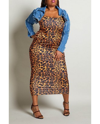 Lovely Sexy Spaghetti Straps Leopard Printed Ankle Length Sheath Plus Size Dress