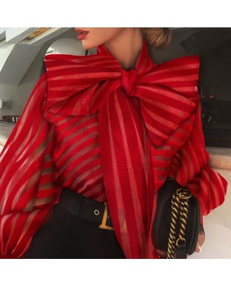 Lovely Chic Striped Bow-Tie Red Blouse