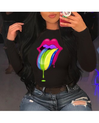 Lovely Casual Lip Printed Black T-shirt