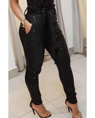Lovely Chic Sequined Lace-up Black Pants