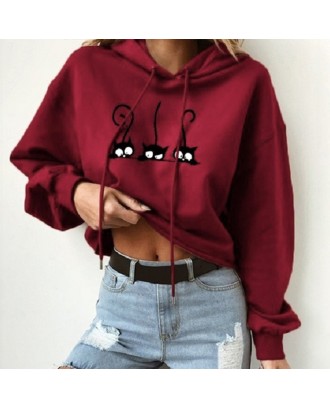 Lovely Casual O Neck Printed Wine Red Hoodie