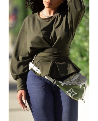 Lovely Casual O Neck Lace-up Army Green Sweatshirt Hoodie