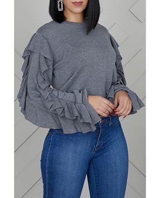 Lovely Trendy Flounce Design Grey Sweatshirt Hoodie